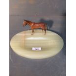 Pale green onyx pen tray adorned with a standing chestnut horse 25 cm L