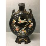 Black glass moon flask vase decorated with flowers and exotic bird 38 cm H