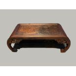 Chinese hardwood & simulated burr wood opium table with pierced curved ends, 98cmL