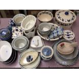 Qty of decorative china and pottery incl chicken designs, blue and white, jelly moulds, & other