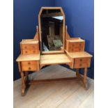 Light oak, Gothic style, mirror back Country House dressing table on dual end sledge supports,