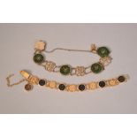 Two Chinese bracelets, the first set with jadeite plaques and silver-gilt mounts with four Chinese