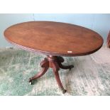 Regency mahogany oval tilt top breakfast table on turned column support on 4 splay legs