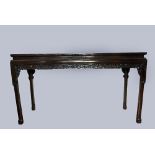 C18th/19th Chinese zitan altar table carved with archaistic scrollwork, 156 x 47 x 87.3cm. A similar