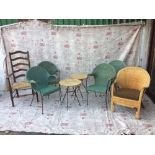 Set of 4 Lloyd Loom style green painted armchairs, pair of rattan side tables and 2 other chairs (