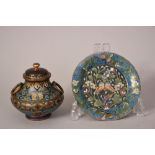 C19th Chinese cloisonne lidded vase flanked by a pair of loop handles, 12cm high; together with a