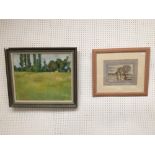 C20th School, Trees & Field, oil, signed & a watercolour