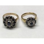 9 carat gold, dark sapphire & diamond cluster ring and a similar 18 carat gold cluster ring