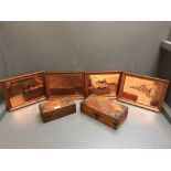 Leather bound pine box, 3 tin boxes & 2 cigar boxes, together with 4 metal framed plates depicting