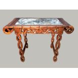 Chinese hardwood & marble top altar table with carved curved ends on pierced legs