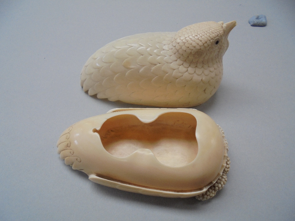 C18th Chinese finely carved ivory quail-form box and cover, 9.6cm long. - Image 6 of 7