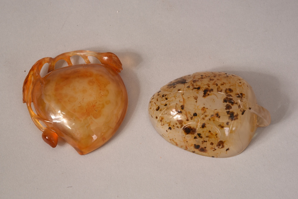 Chinese agate peach-form brush washer 6.8cm wide; together with an agate ear cup carved to the - Image 2 of 2