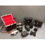 Qty of assorted camera equipment incl. Pentax, various lenses, binoculars, opera glasses etc.