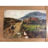 Irish School (?) Rural landscape with figures & geese, monogrammed 'I.M.W.', oil on board