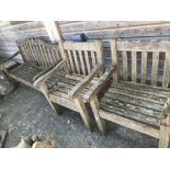 Weathered teak 3 seater garden bench & similar pair armchairs