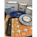 Vintage larder tins/cannisters bread, cake, flour; trays, clock etc