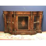 Large Victorian walnut floral marquetry gilt metal mounted credenza of shaped outline on plinth