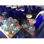 Qty of glassware, mainly blue, incl jugs, plates, drinking glasses etc.