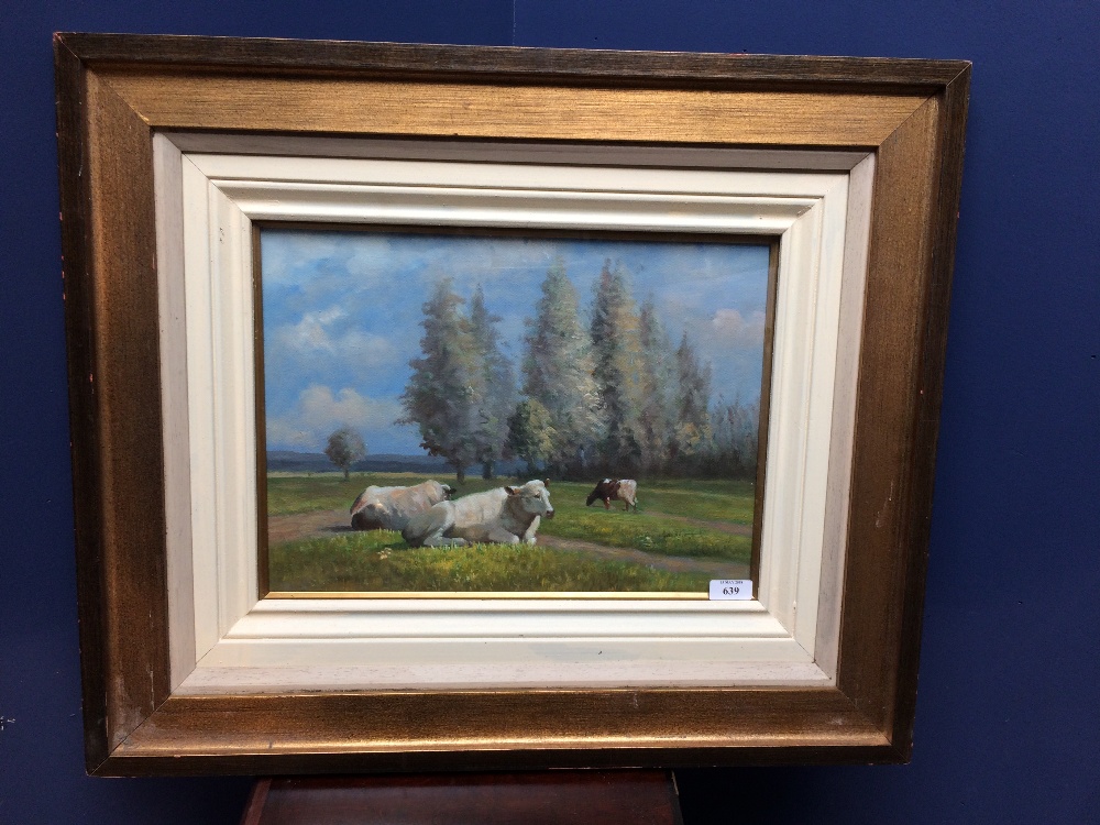 Oil painting Country Scene with Cattle Resting in a Meadow, 28x30cm