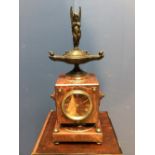 C19th French marble & bronze mantle clock, the unusual shaped case surmounted by a Genie lamp &