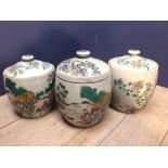 Near matched set of 3 C19th Chinese lidded canisters in coloured enamels with horse drawn chariots &