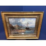 Gilt framed oil painting, Seascape, Fishing Boat and Figures on a Shoreline with Cliffs beyond,