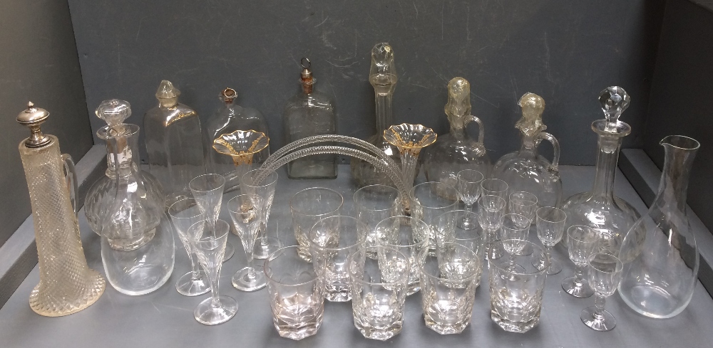 11 various glass decanters, 11 tumblers & other glassware to include a centrepiece