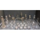 11 various glass decanters, 11 tumblers & other glassware to include a centrepiece