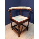 1930's oak barley twist corner chair with terrestrial printed upholstery, a similar cane back tub