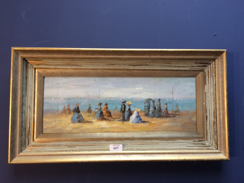 Impressionist oil painting of a Victorian Beach Scene with Figures and Sailboats offshore, 15.