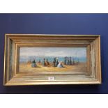 Impressionist oil painting of a Victorian Beach Scene with Figures and Sailboats offshore, 15.
