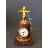 C19th French rouge marble & gilt metal clock enamel dial to a battery movement