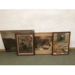 4 C19th Chromolithographs, an oil on canvas landscape & various prints