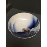Japanese blue & white bowl, polychrome enamelled with foliage 20cm dia