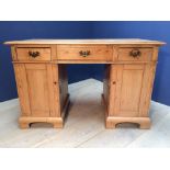 Early C20th pine pedestal desk with cupboards & drawers, 127cmW