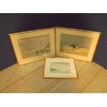 Seascape with beacon watercolour, monogrammed M. G. O. & a pair of similar watercolour studies by