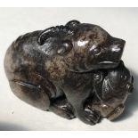 Chinese dark jade carved mystical ram group with mother and calf 6cmW