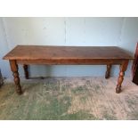 Pine oblong kitchen table on turned legs, 213x76cm