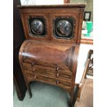 Late C19th walnut & bird's eye burr wood cylinder bureau, the upper section with pair of reverse