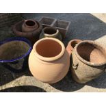 9 various terracotta and glazed pots and urns etc