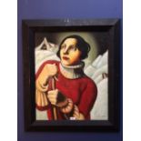 Interesting oil painting portrait of A Lady Skier of the 1930's, signed, 60x49cm