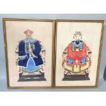 Pair of early C20th ornate painted on silk panels of Imperial figures in colourful costume, 45x35cm