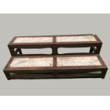 Chinese hardwood & marble top two tier stand of 2 long rectangular tiers on block legs, 136cmW