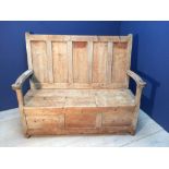 Antique rustic pine panelled back box seat settle, 143cmL