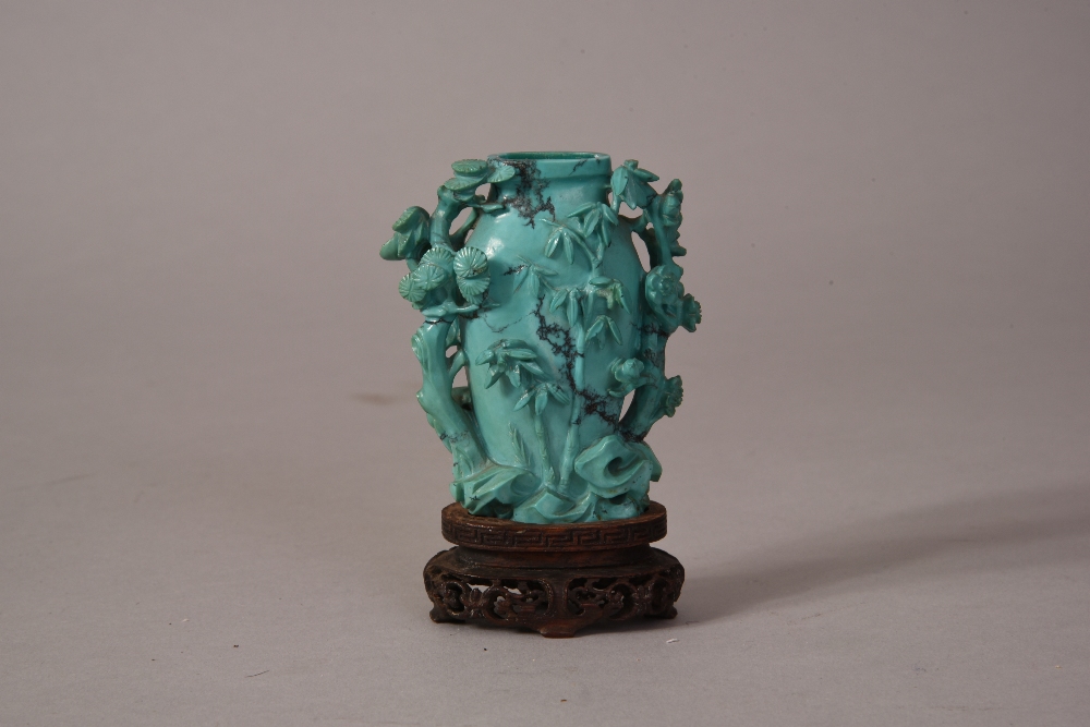 Chinese carved turquoise vase in the form of 'three friends', Qing dynasty, wood stand, overall 9. - Image 2 of 6