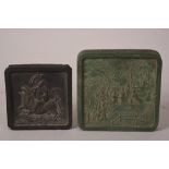 Two Chinese square ink blocks, one decorated with a male figure on qilin back 10.1cm wide, and the