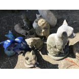 2 Ceramic cats & 10 weathered concrete cats