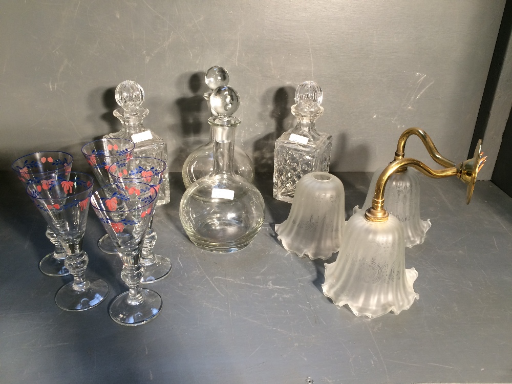 2 pairs of glass decanters, 5 hollow stem old drinking glasses, 10 painted glass champagne flutes - Image 2 of 2