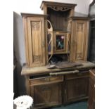 Large Art Nouveau carved oak dresser, 157Wx215Hcm & a Continental mahogany cabinet