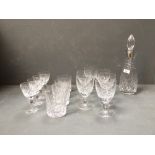 Silver collared decanter, set of 6 cut crystal wine glasses, 4 cut crystal heavy tumblers & 4